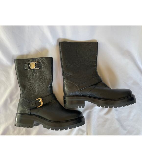 Versace Medusa Black Pebbled Leather Lug Moto Boots, US 5, IT 35 - Picture 2 of 9